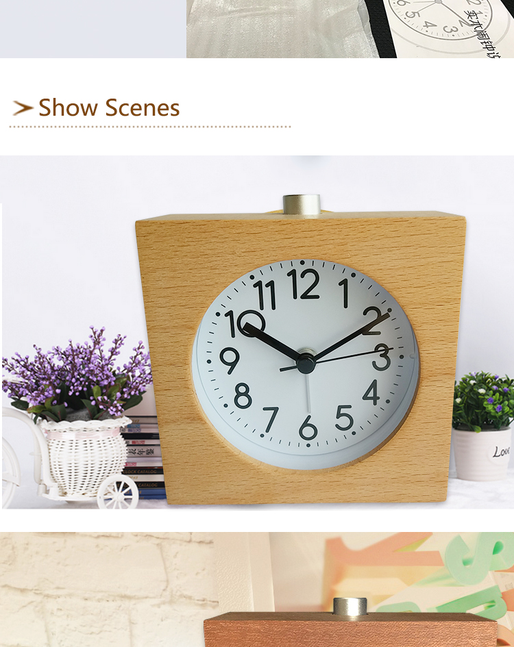 Japanese style solid wood night light silent quartz desk alarm clock