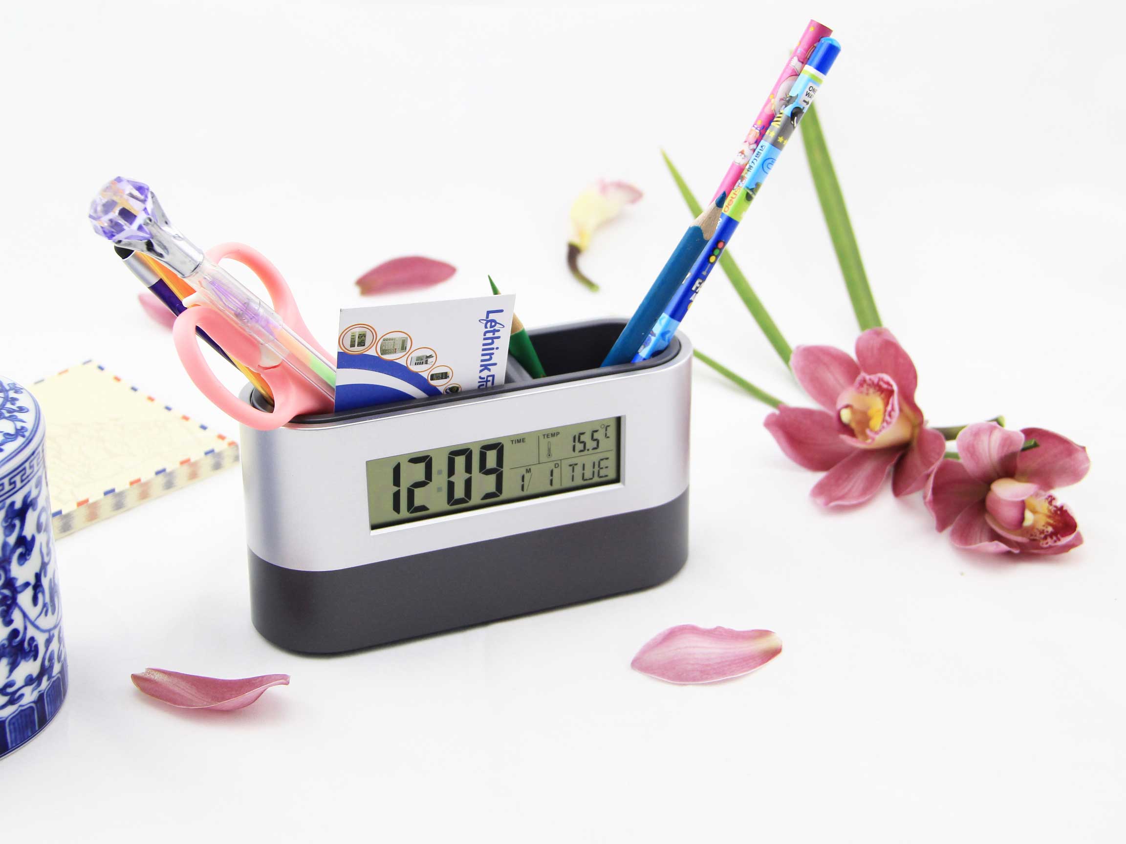 pen holder digital alarm clock 