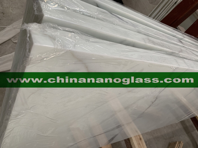 Carrara and Calacatta Nano Glass With Mitered Edge 90 Degree Laminated Carrara and Calacatta Nano Glass With Mitered Edge 90 Degree Laminated
