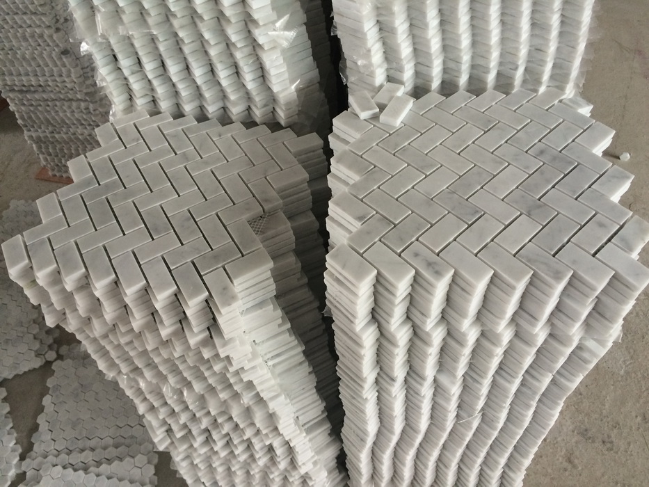 White Carrara Herringbone Mosaic Tiles