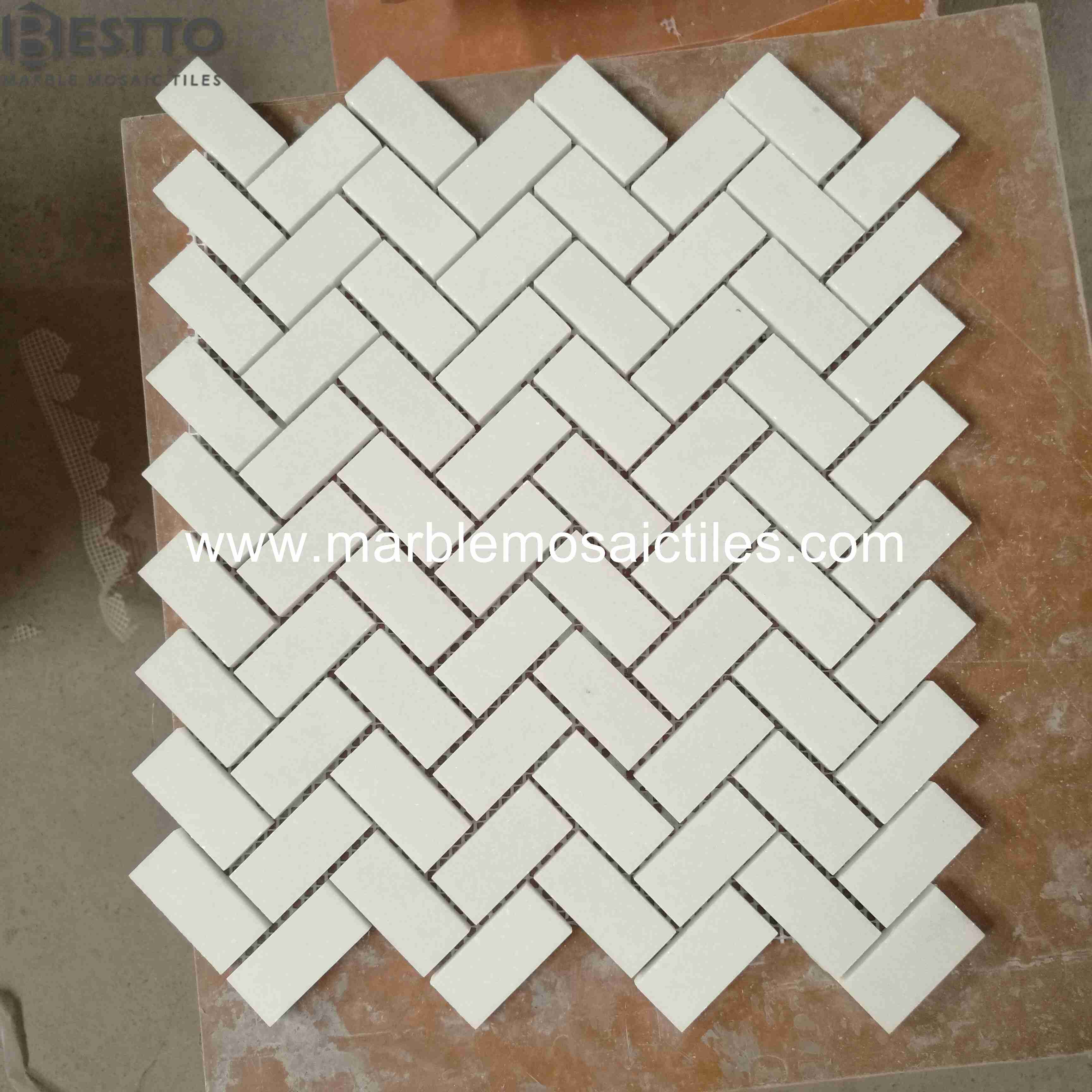 White Thassos Herringbone Mosaic White Thassos Herringbone Mosaic