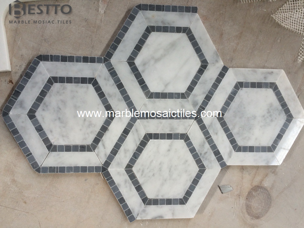 Carrara and Bardiglio Hexagonal Mosaic Carrara and Bardiglio Hexagonal Mosaic