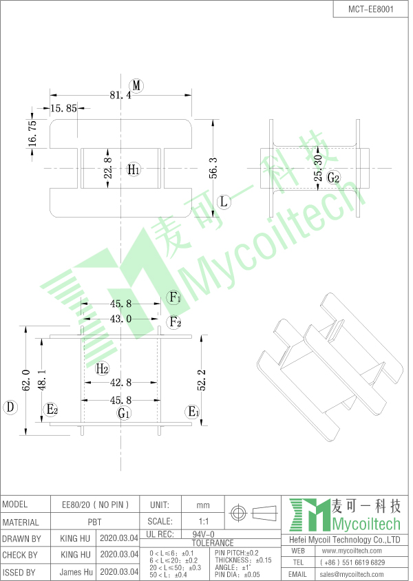 Plastic transformer bobin EE80