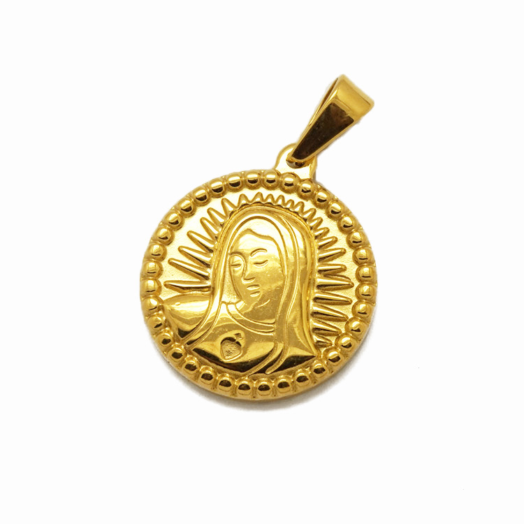 Stainless Steel Religious Jewelry 18mm Round Gold Plated Blessed Mother Mary Pendant 