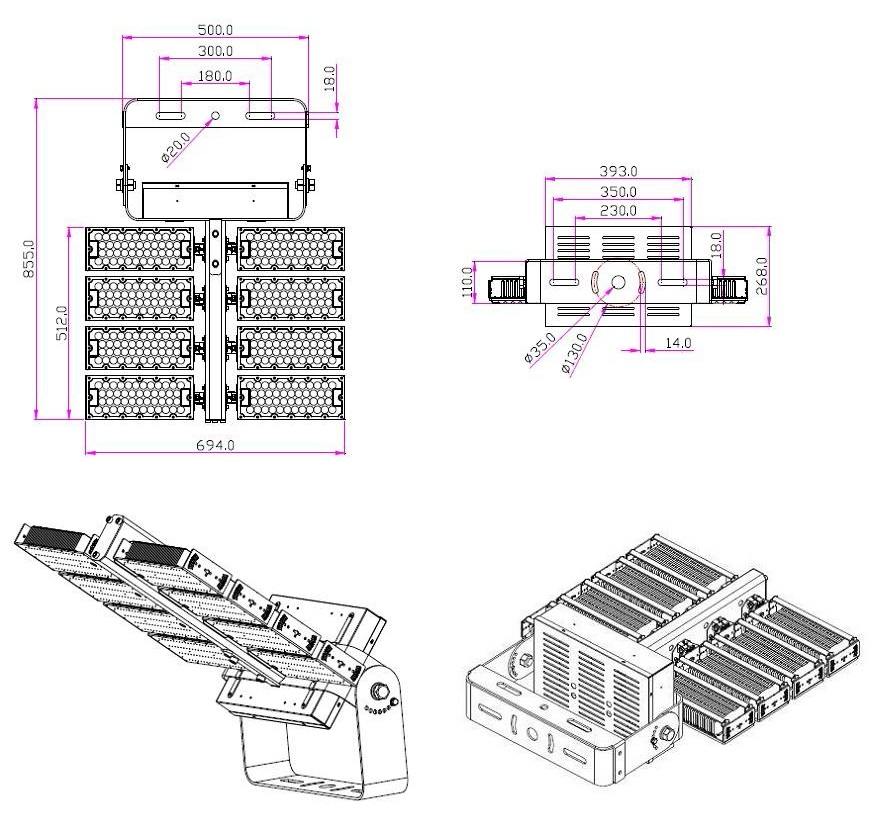 800W 960W 1000W LED Flood High Mast Light Dimension