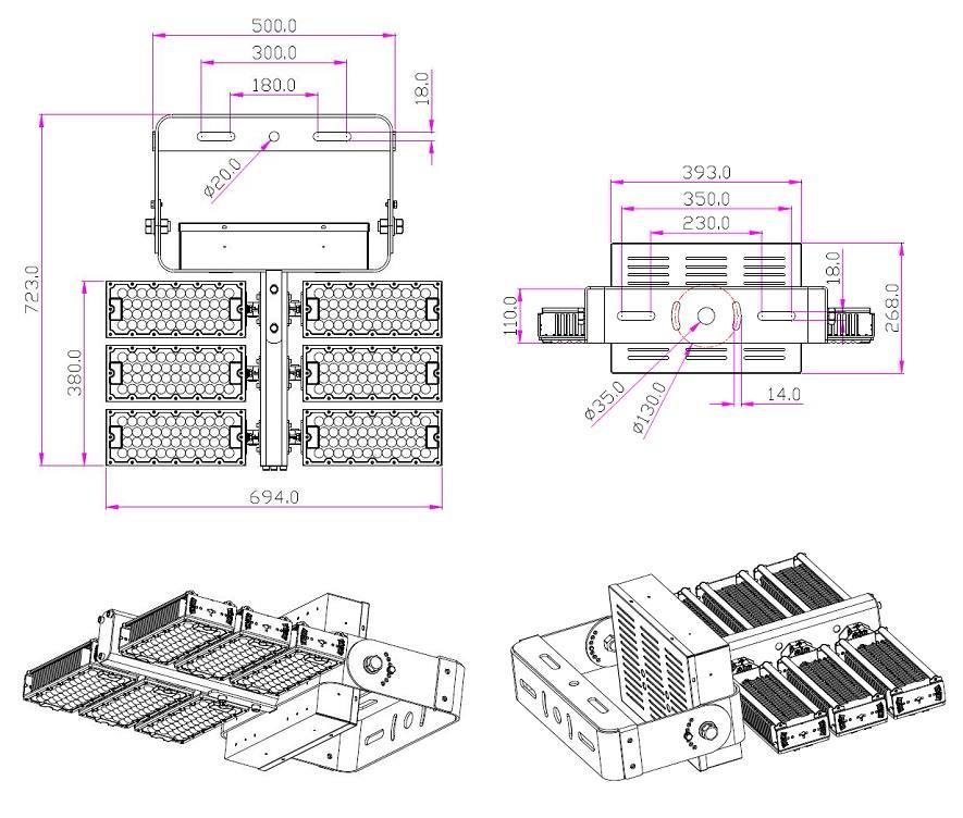 CE 600W 720W High Mast Flood Luminaire Size 