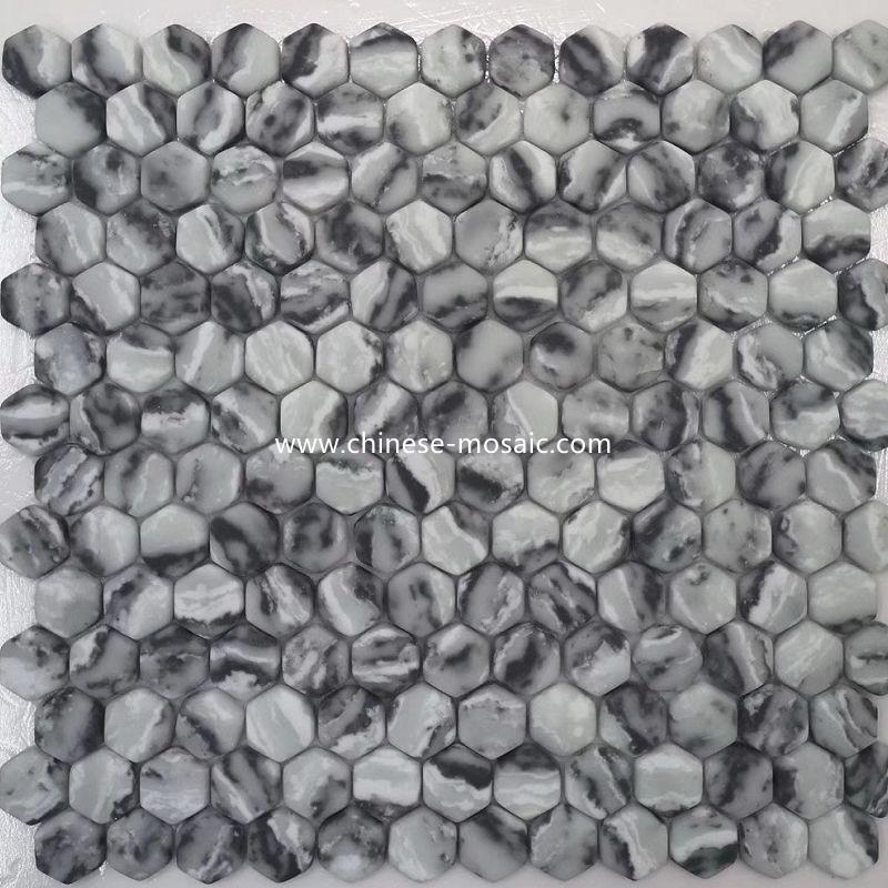 hexagon shape grey marble vein full body glass mosaic 