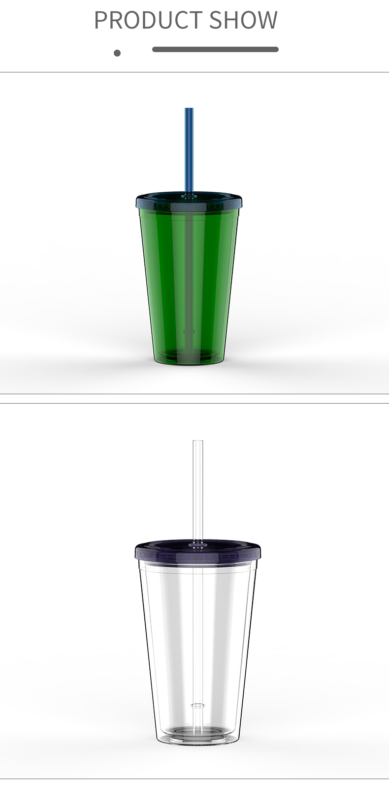 Reusable plastic cups with straw and lid