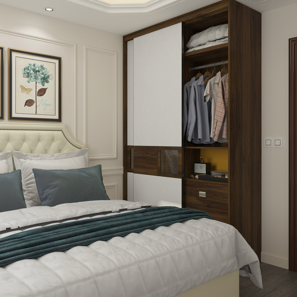 White and wood grain bedroom closet storage