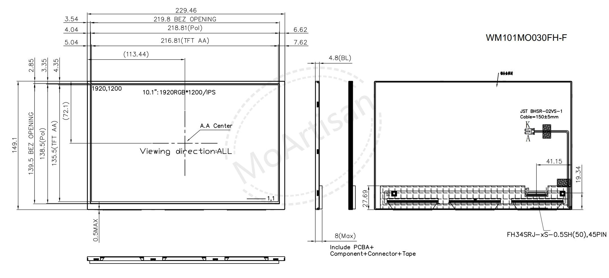 F-Ver, 10.1 Inch 1920RGB1200 module with up bezel drawings F-Ver, 10.1 Inch 1920RGB1200 module with up bezel drawings