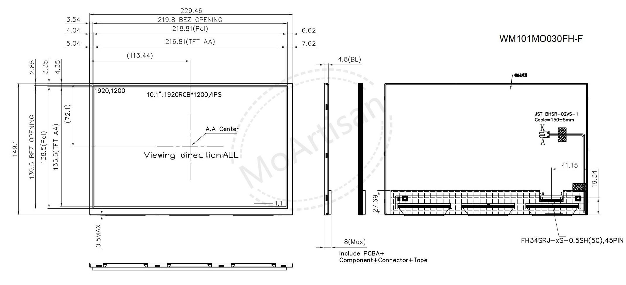 F-Ver, 10.1 Inch 1920RGB1200 module with up bezel drawings