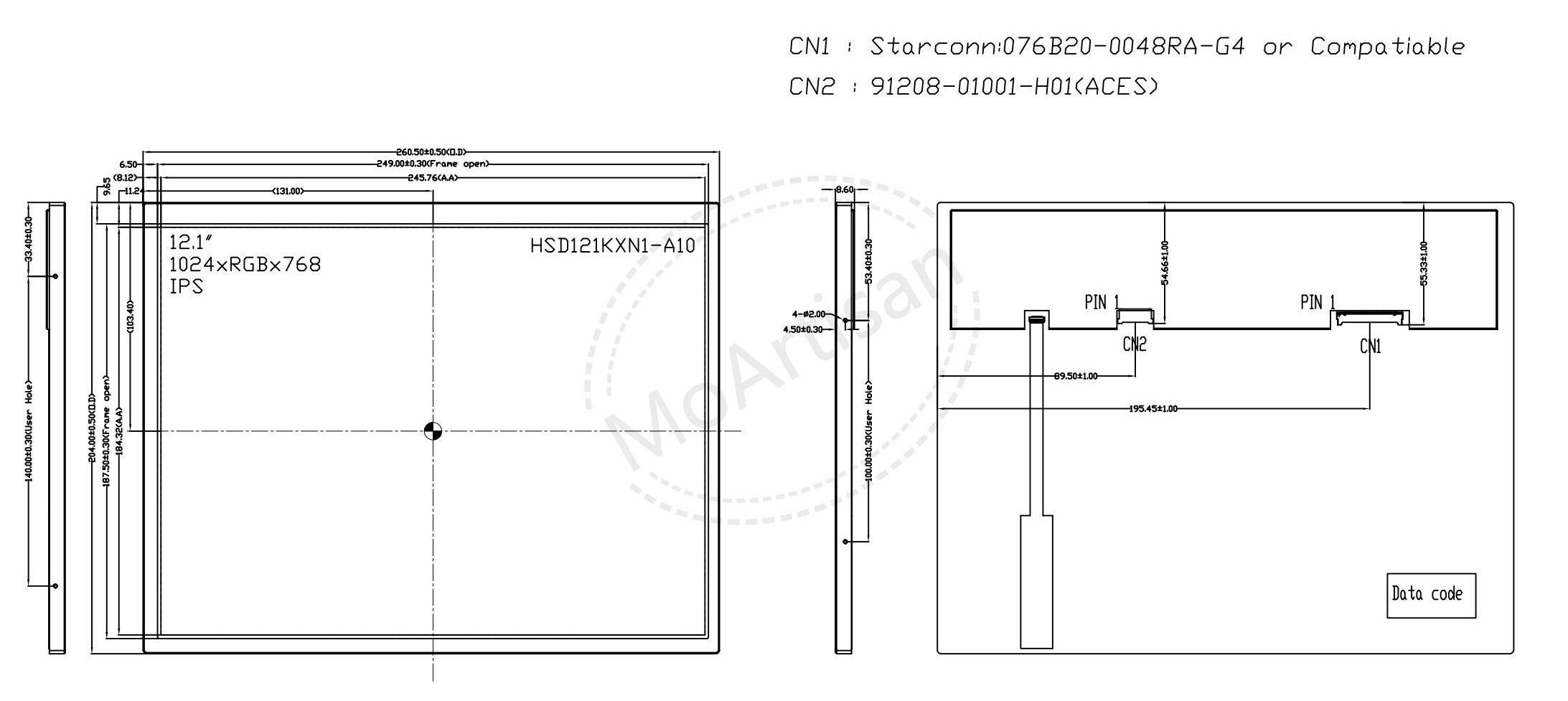 12.1 Inch IPS 1024(RGB)*768 LCD 800 nits brightness 4:3 screen drawing