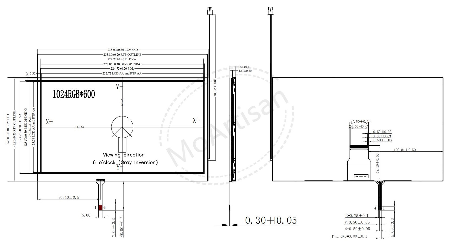 10.1 Inch TFT 1024(RGB)*600 LCD screen with RTP