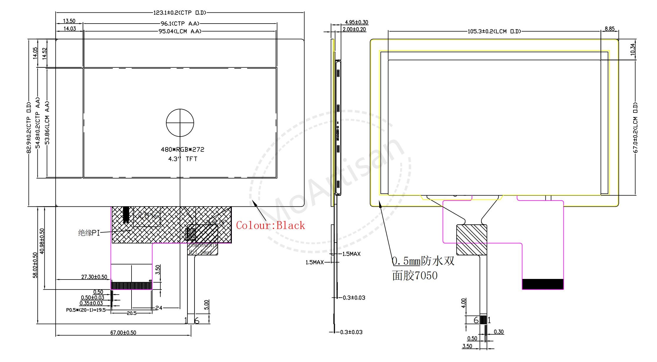 4.3 Inch TFT 480(RGB)*272 lcd module with a PCAP touch panel DRAWINGS