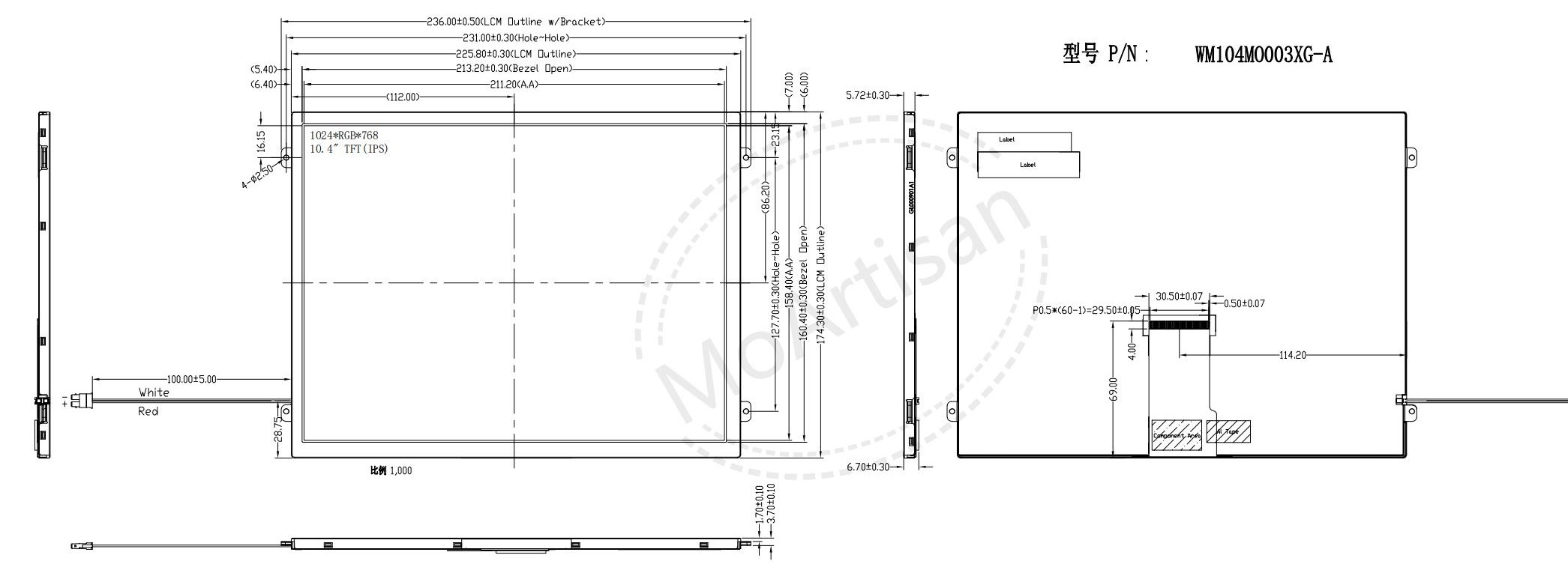 10.4 Inch IPS 1024(RGB)*768 LCD module 600 nits brightness Drawings