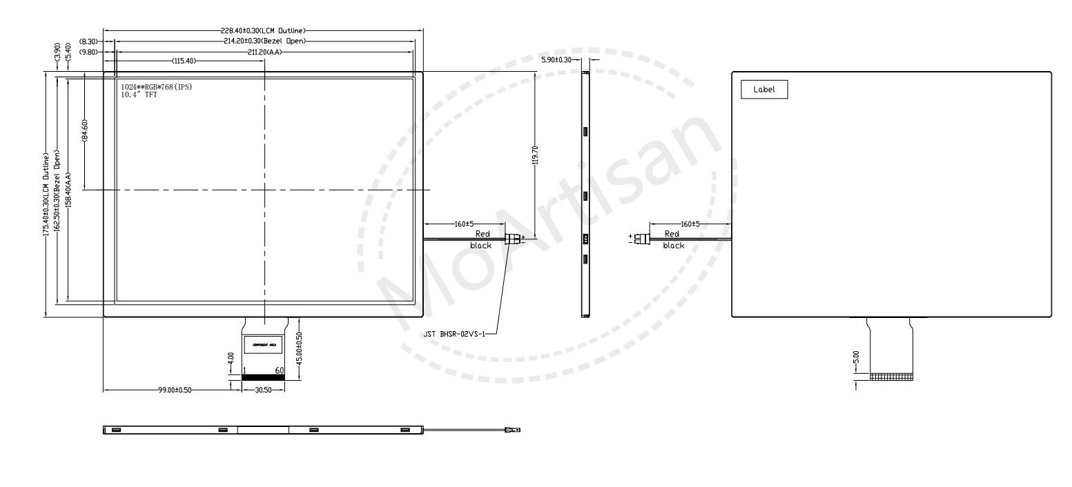 10.4 Inch IPS XGA LCD Screen 300 nits brightness drawings