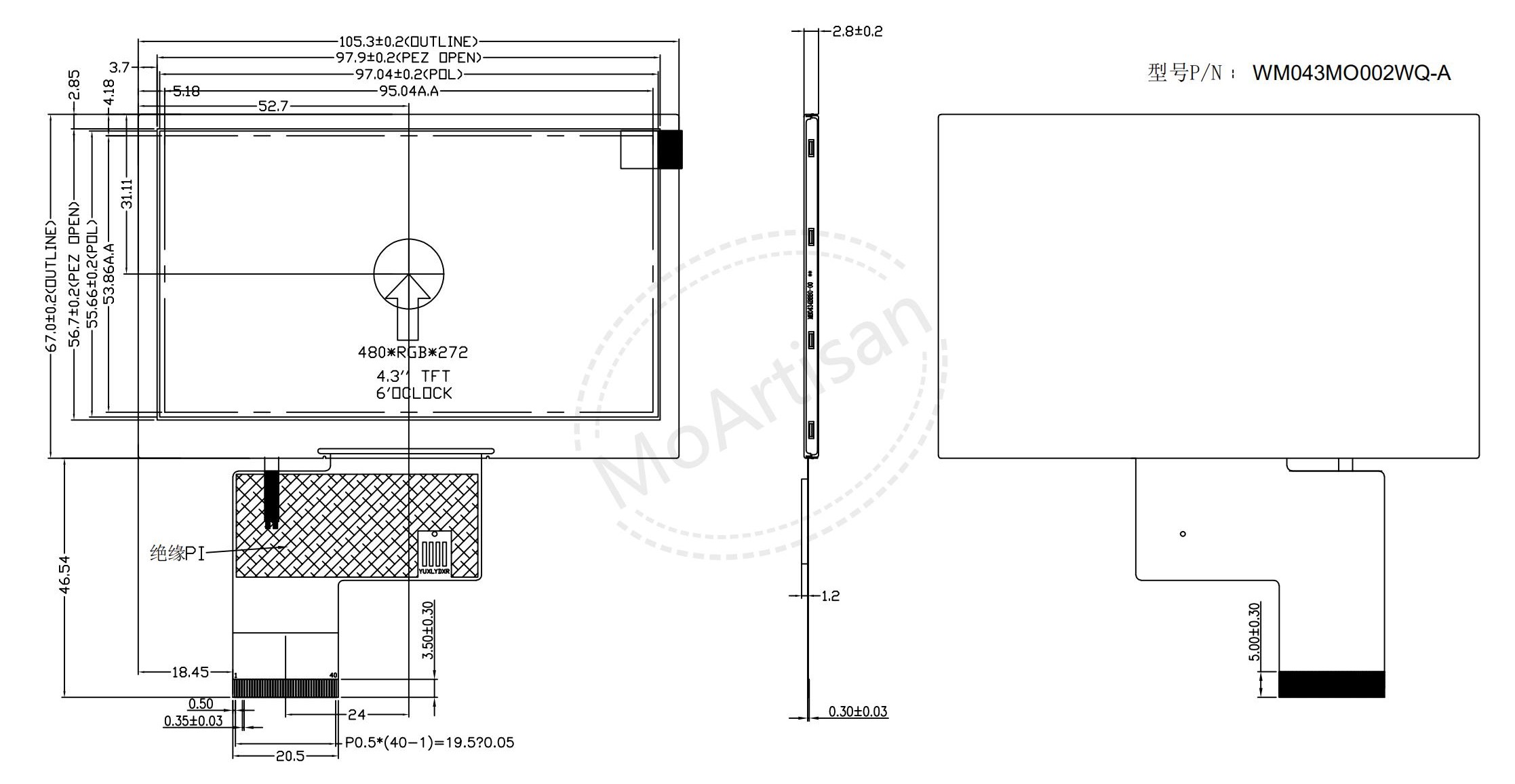 4.3 Inch TFT 480(RGB)*272 lcd module with 500 nits brightness Drawings