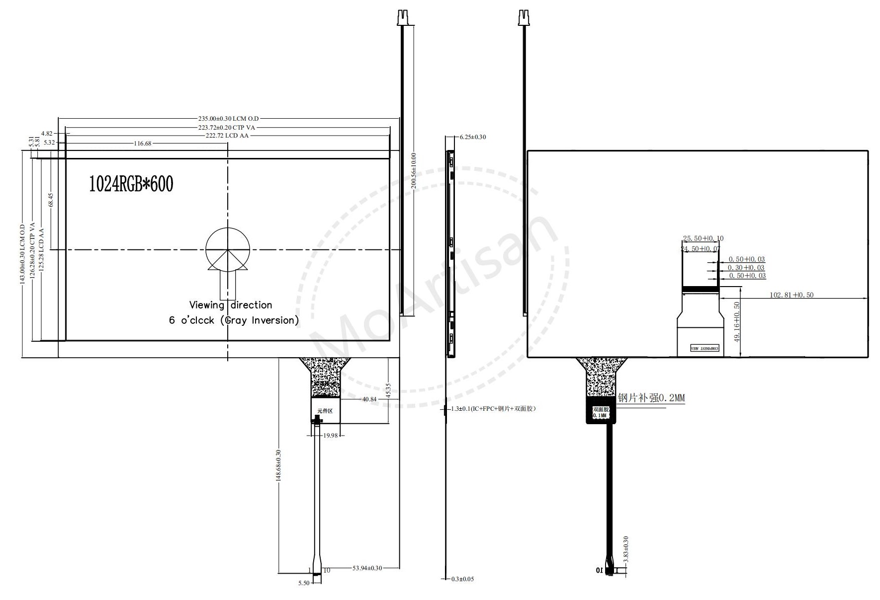 10.1 Inch TFT 1024(RGB)*600 LCD screen with PCAP drawings