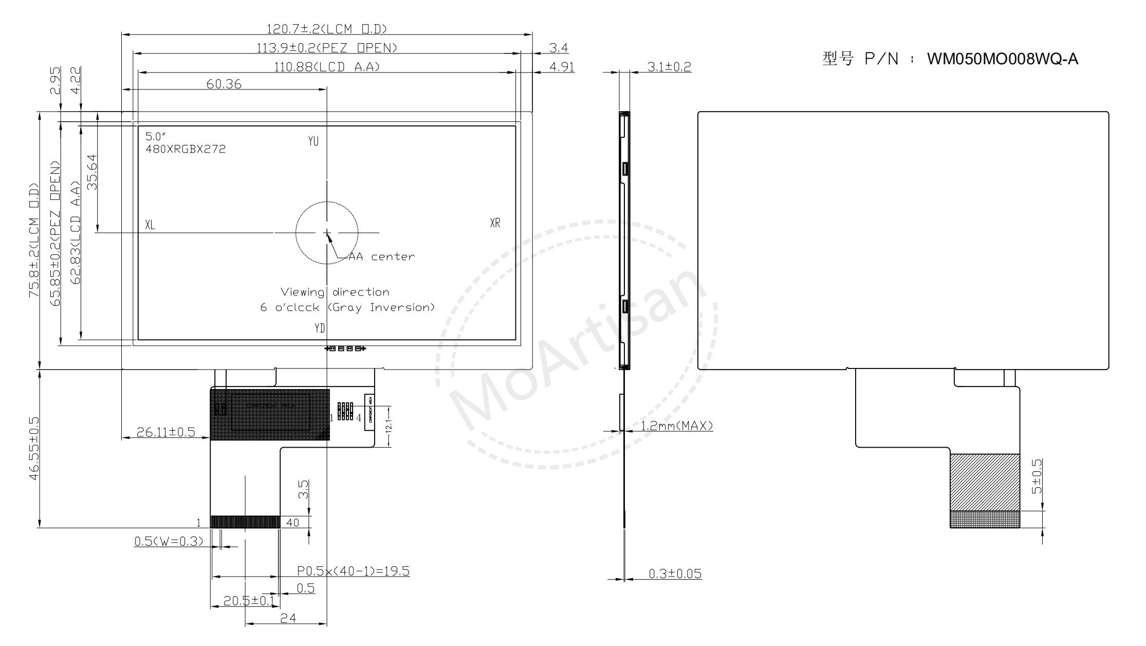 5.0 Inch TFT 480(RGB)*272 LCD module with 750 nits brightness Drawings