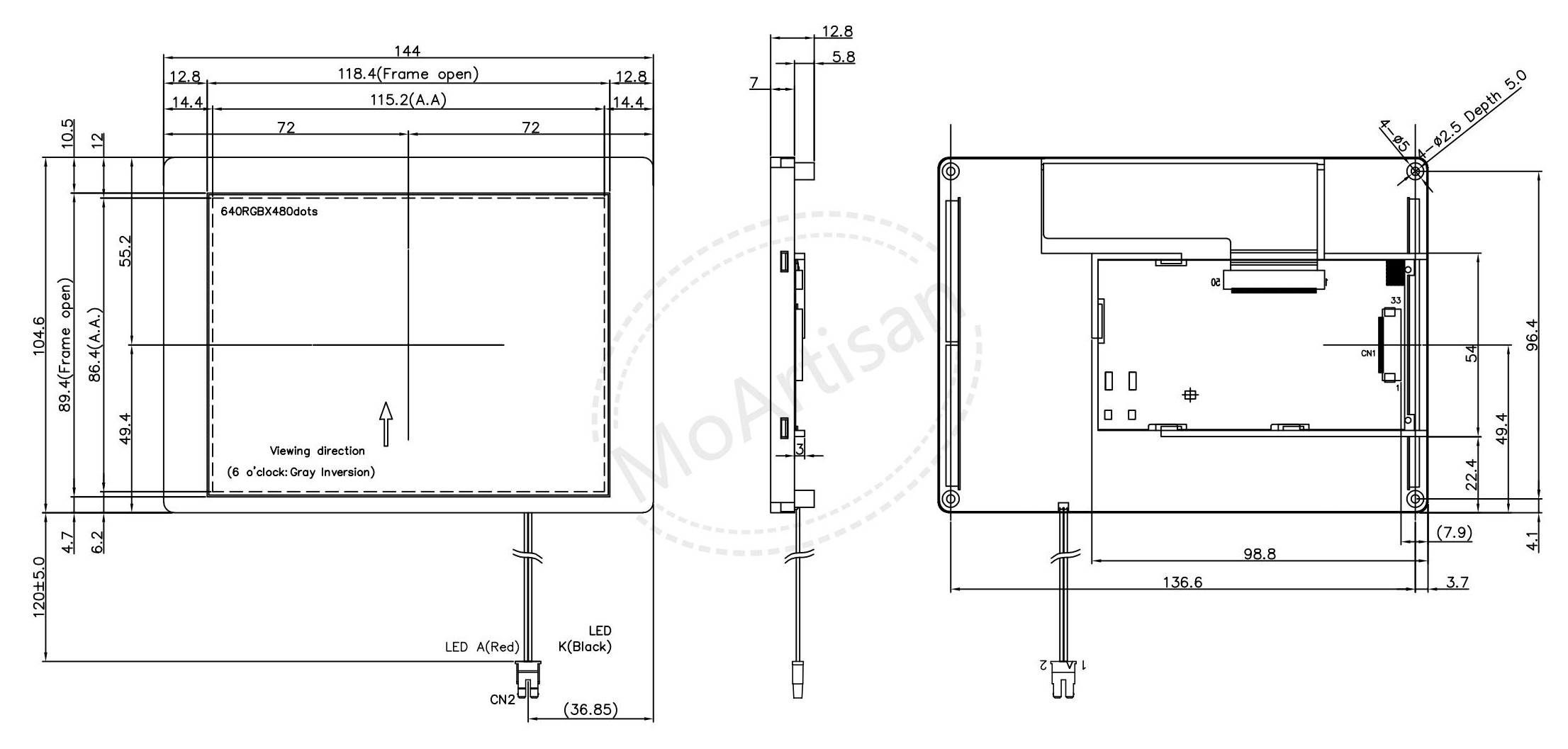 5.7 Inch TFT 640(RGB)*480 module 1200 nits brightness Drawings