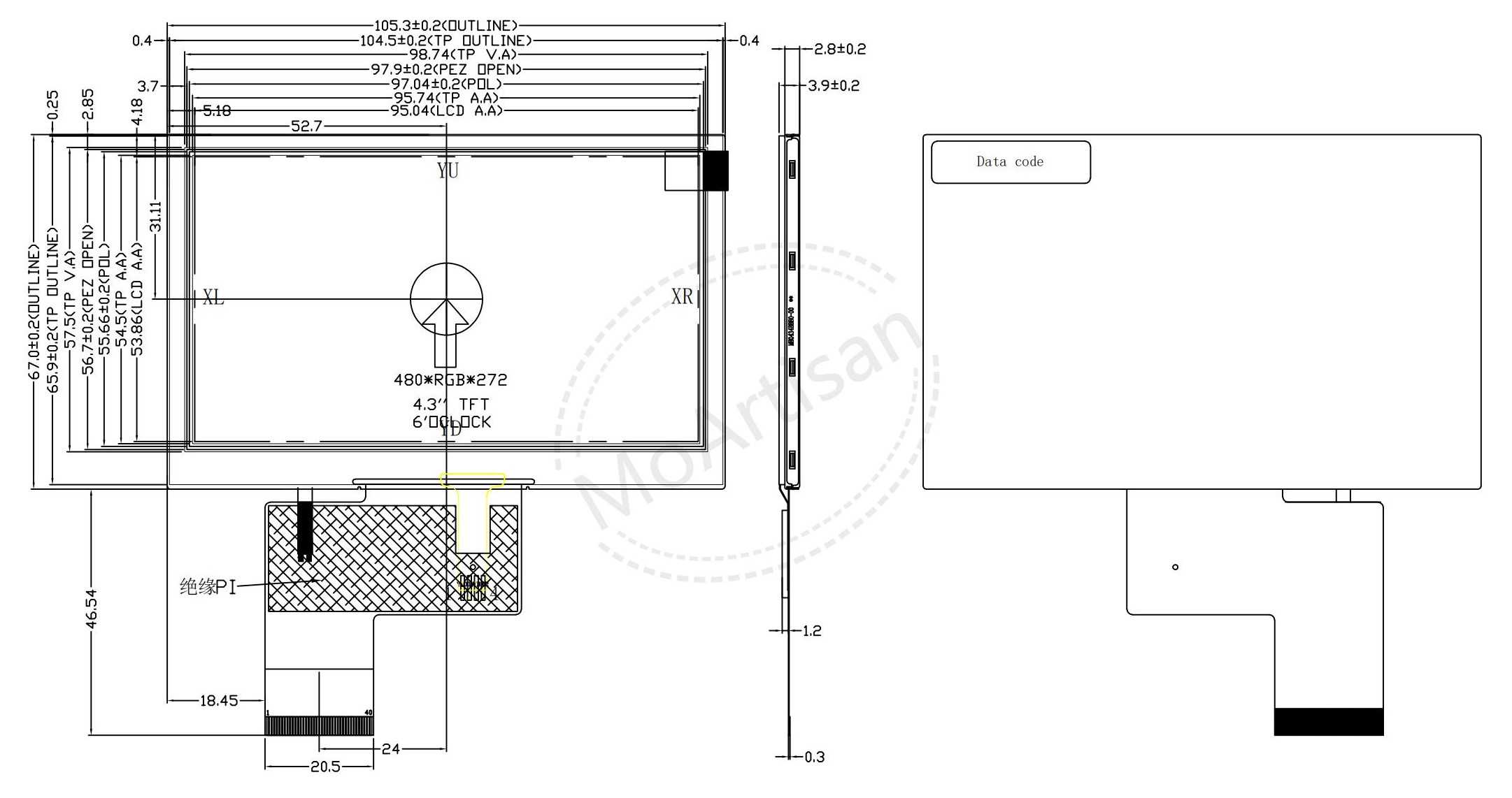 4.3 Inch TFT 480(RGB)*272 LCD module with a RTP drawings