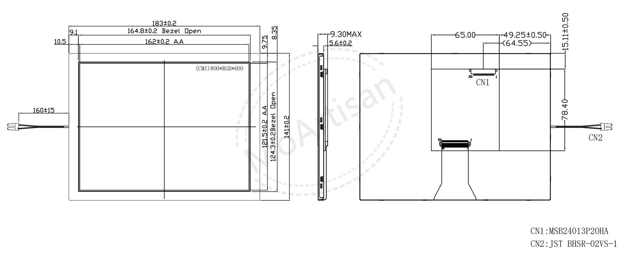 8.0 Inch TFT 800(RGB)*600 LCD module with 300 nits brightness 4:3 screen Drawings