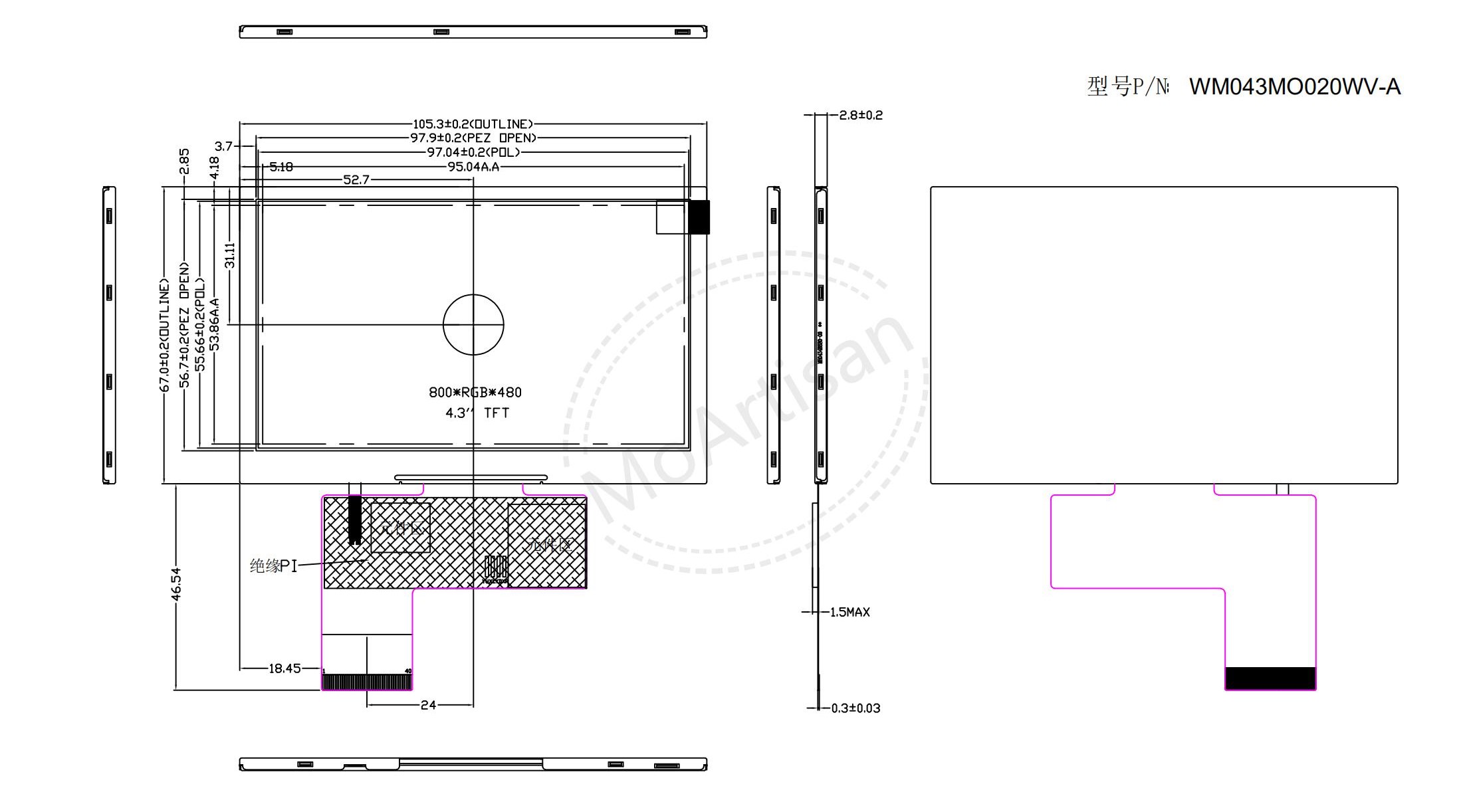 4.3 Inch ips 800(RGB)*480 wide operating temperature lcd module DRAWINGS 