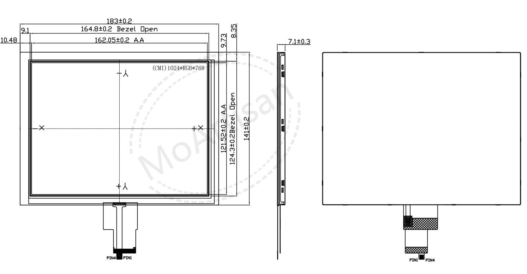 8.0 Inch IPS 1024(RGB)*768 LCD module with 500 nits brightness and a RTP Drawings