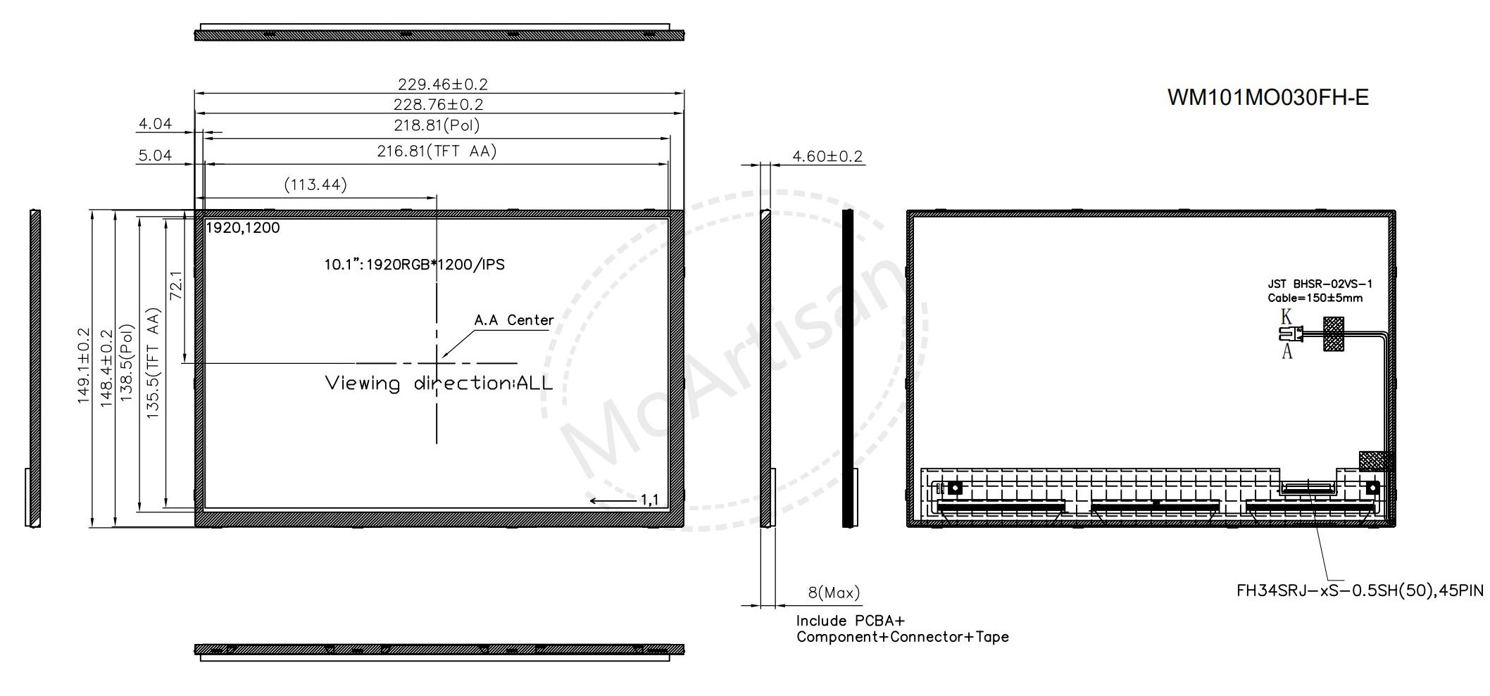 E-Ver, 10.1 Inch 1920RGB1200 module without up bezel drawings