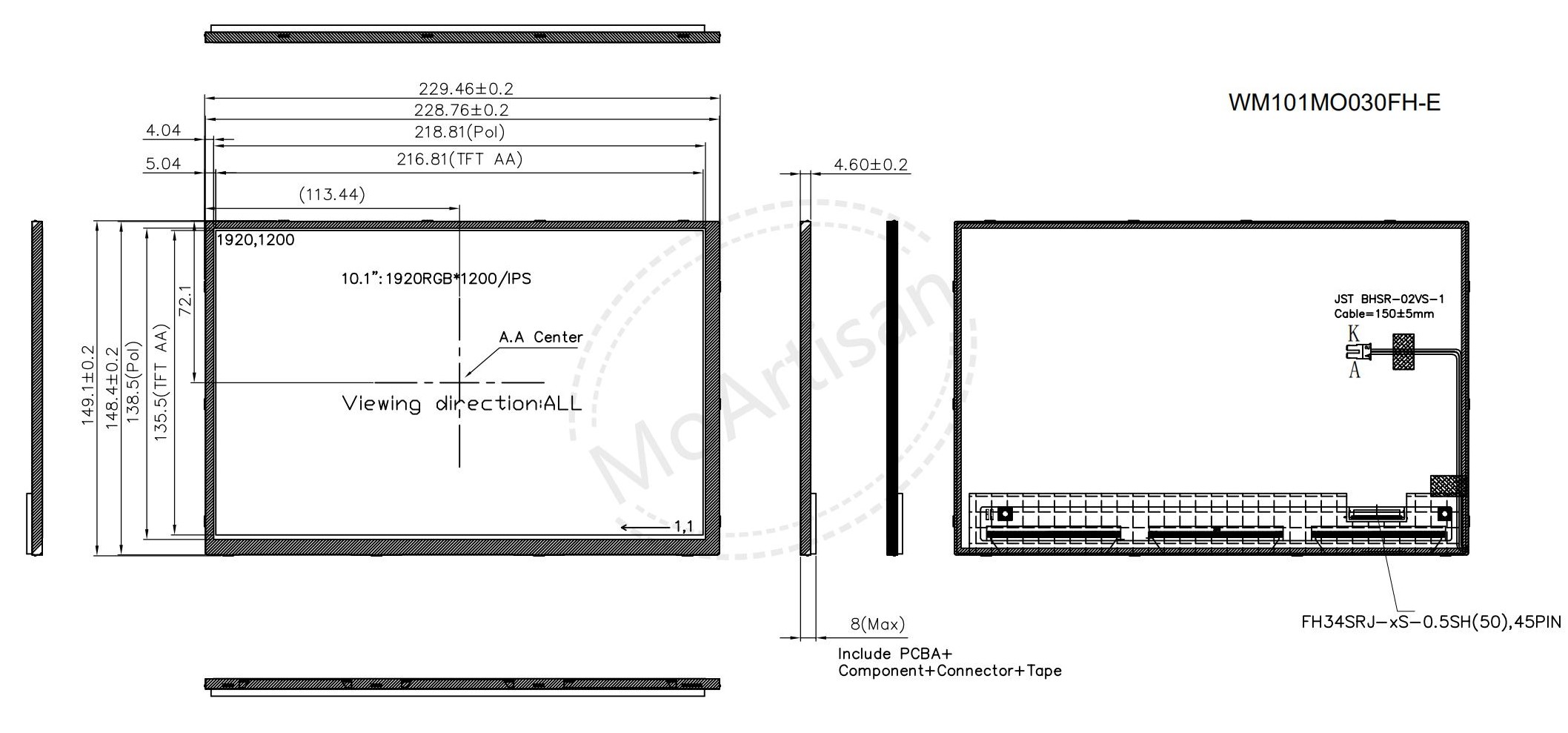 E-Ver, 10.1 Inch 1920RGB1200 module without up bezel drawings E-Ver, 10.1 Inch 1920RGB1200 module without up bezel drawings