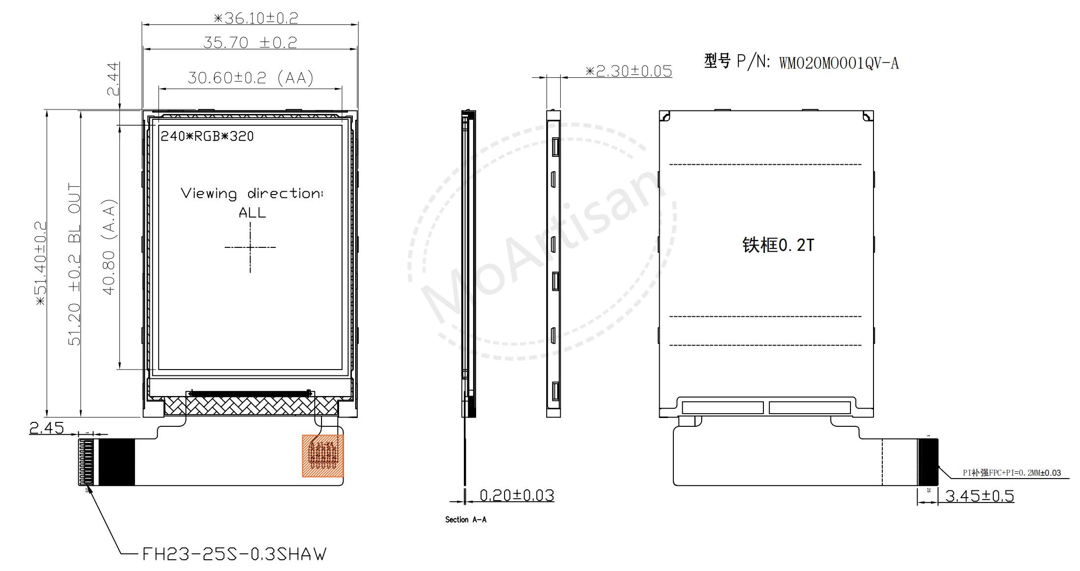 2.0 Inch IPS tft QVGA high resolution module Drawings