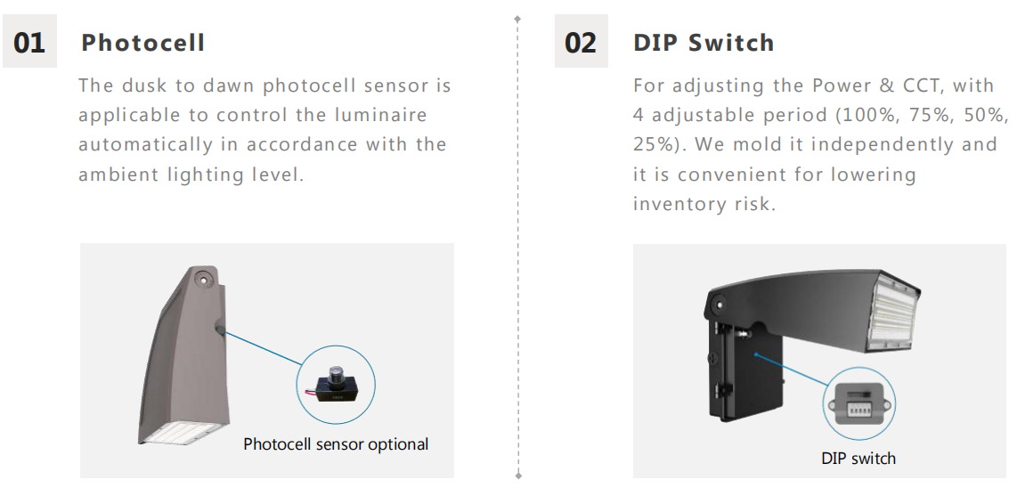 DIP switch adjustable wall pack light