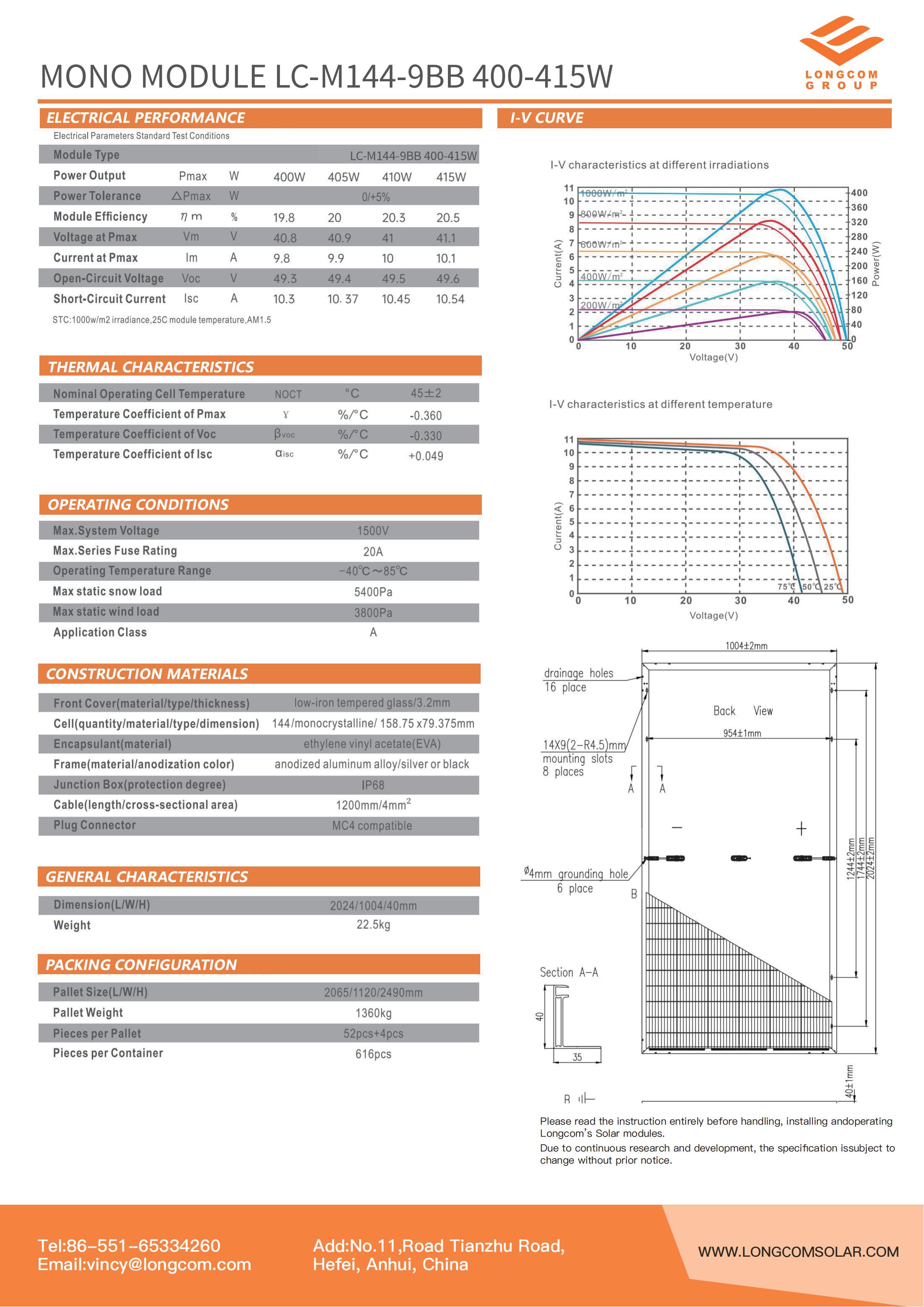 144-Cells Monocrystalline Half Cell Solar Panel 405W