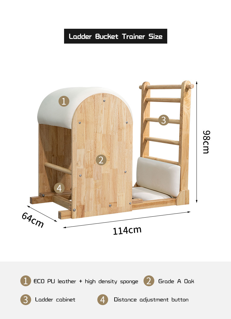 Ladder Bucket Trainer Size: ECO PU leather+high density sponge, grade a oak, ladder cabinet, distance adjustment button