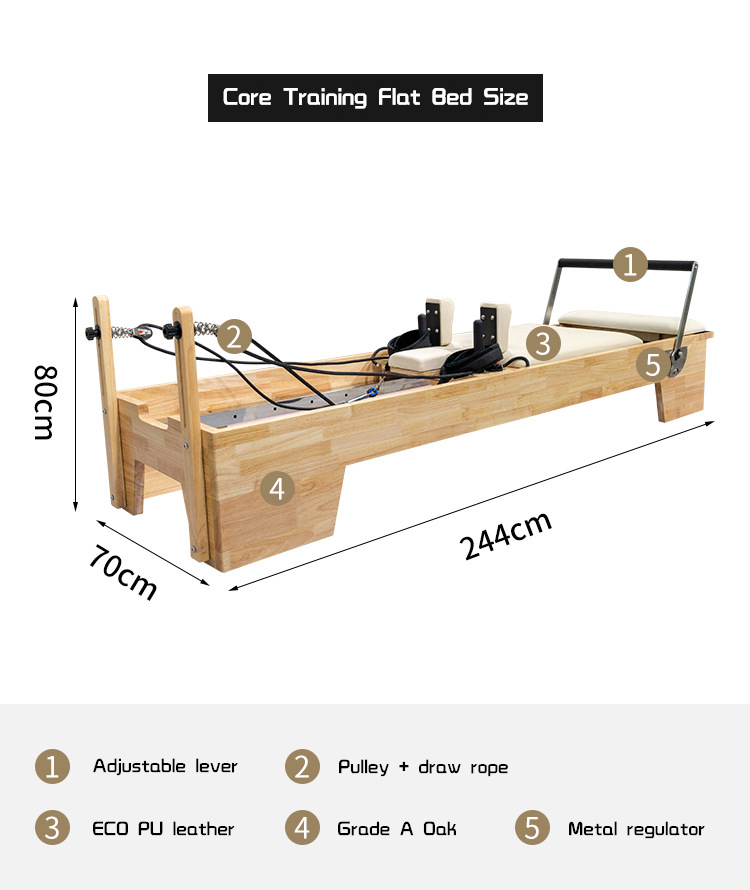 core training flat bed size: adjustable lever, pulley+draw rope, eco pu leather, grade a oak, metal regulator.