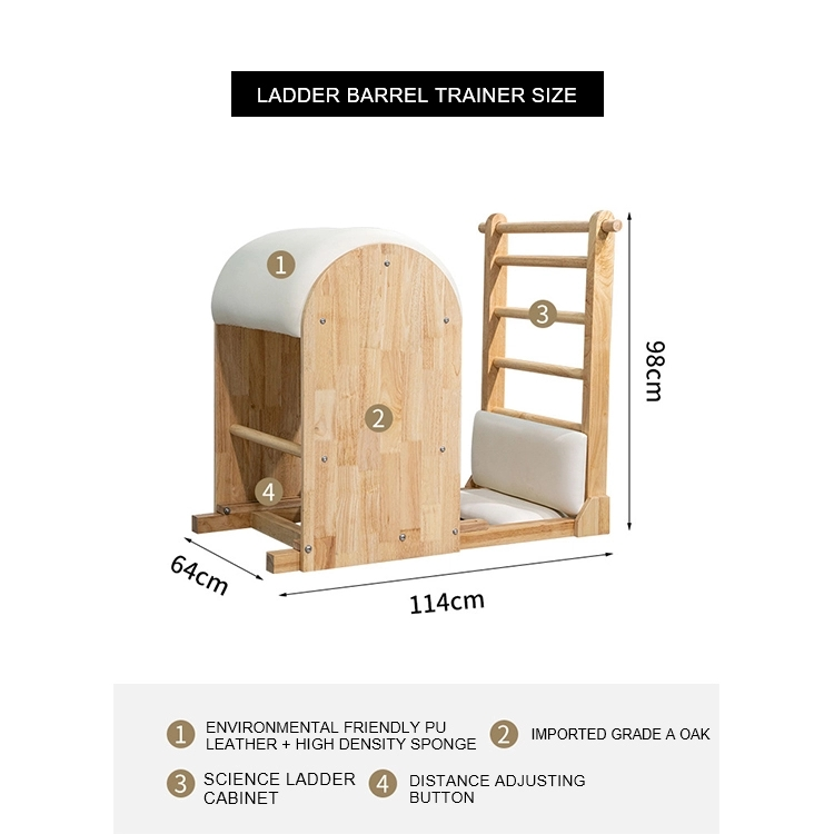 ladder barrel trainer size: 1. environmental friendly PU leather+high density sponge 2. imported grade a oak 3. science ladder cabinet 4. distance adjusting button