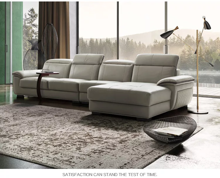 Living Room Furniture Gray Brown White Recliner Genuine Leather Section Corner Sofa Set Modern