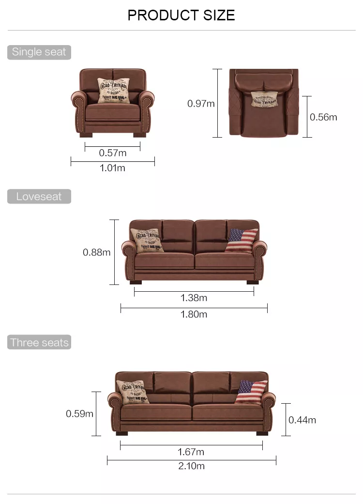 American style three person retro living room leather top layer cowhide sofa combination