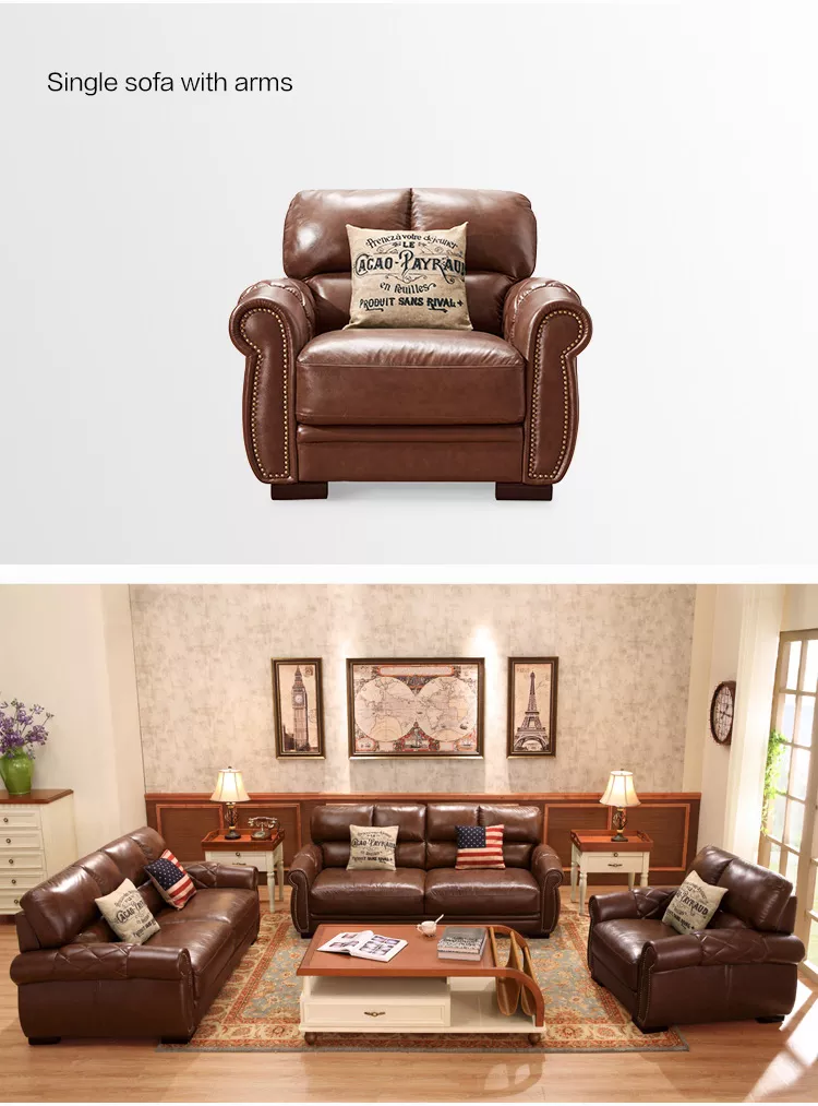 American style three person retro living room leather top layer cowhide sofa combination