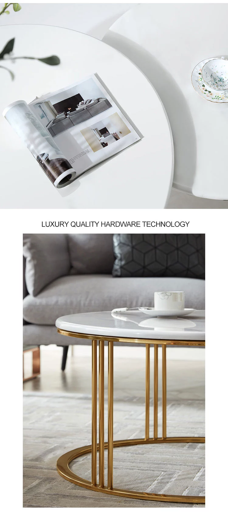 Modern Home Furniture Gold Metal White Marble Table Round Coffee Table Set