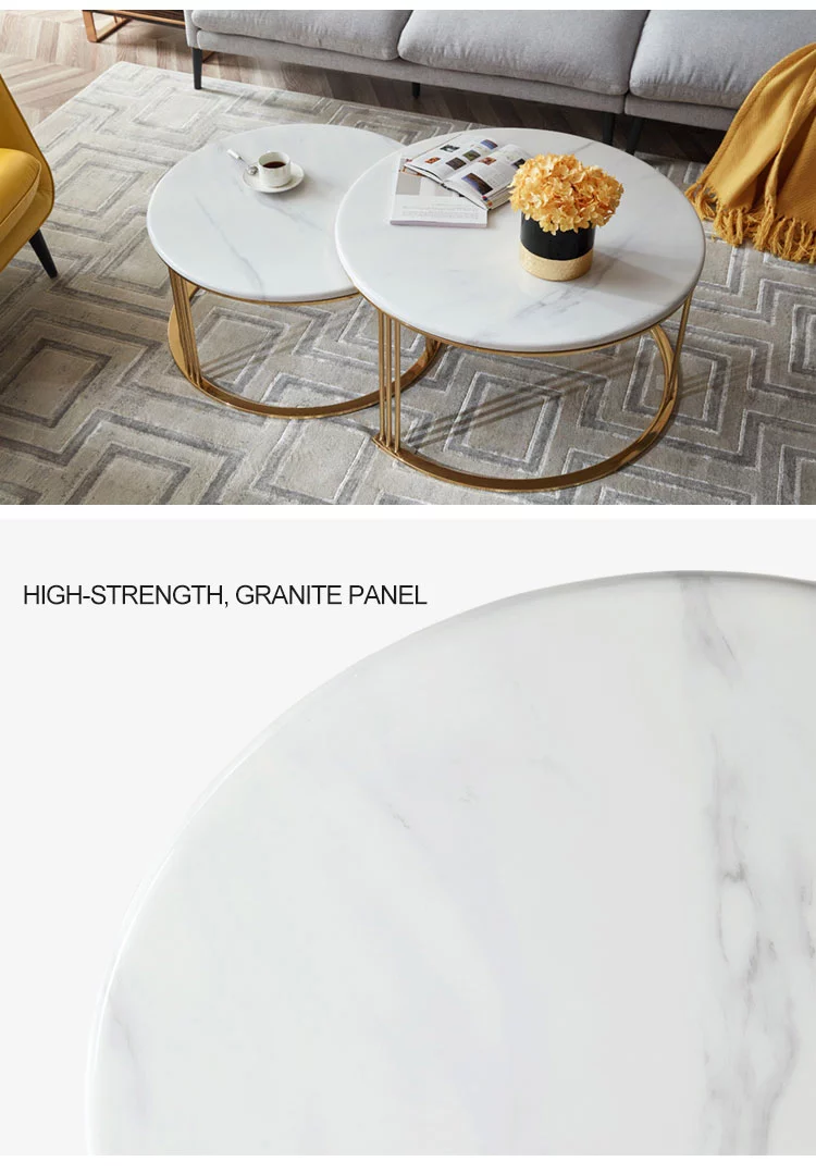 Modern Home Furniture Gold Metal White Marble Table Round Coffee Table Set