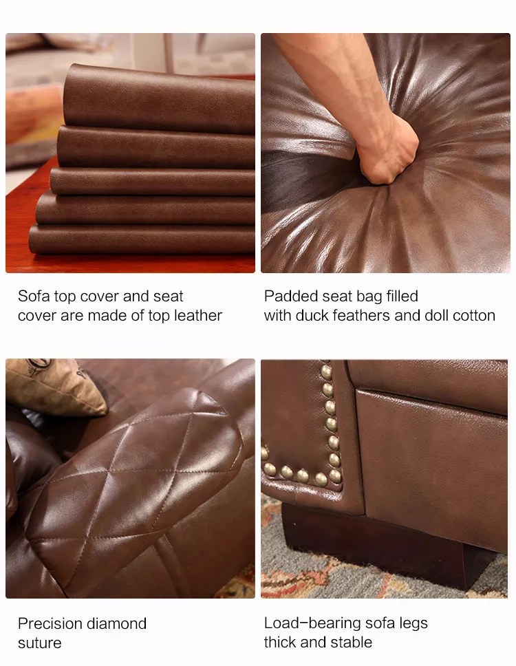 American style three person retro living room leather top layer cowhide sofa combination