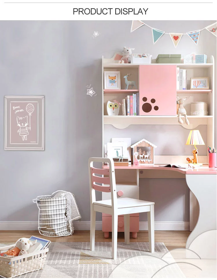 Pink Lovely Home Bedroom Corner Wood Children'S White Study Desk With Bookshelf