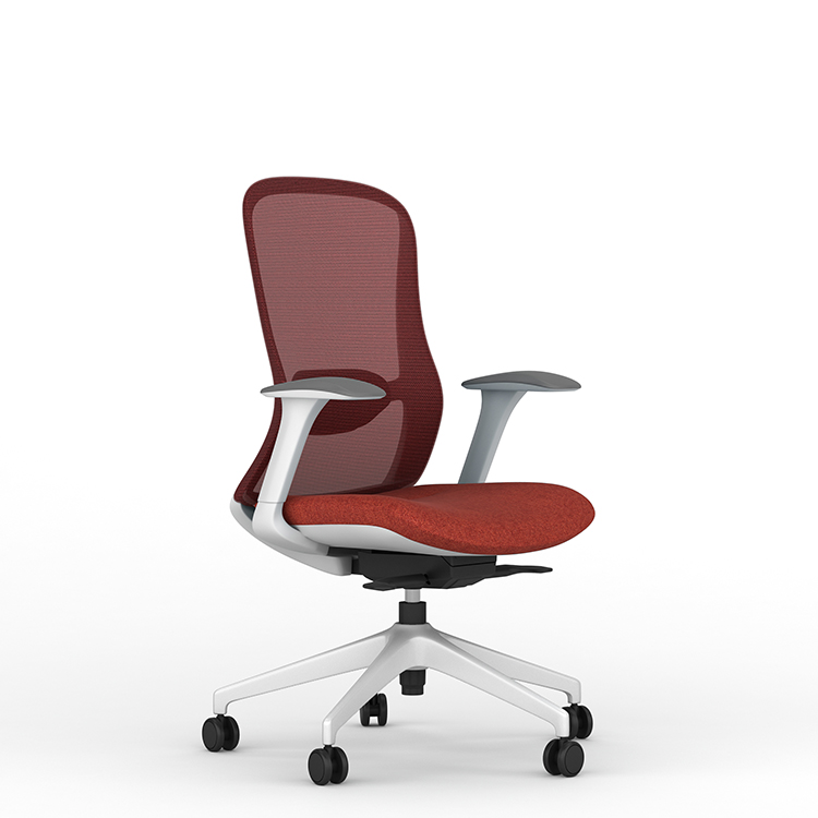 Exec chair, white body and red grey mesh and fabric