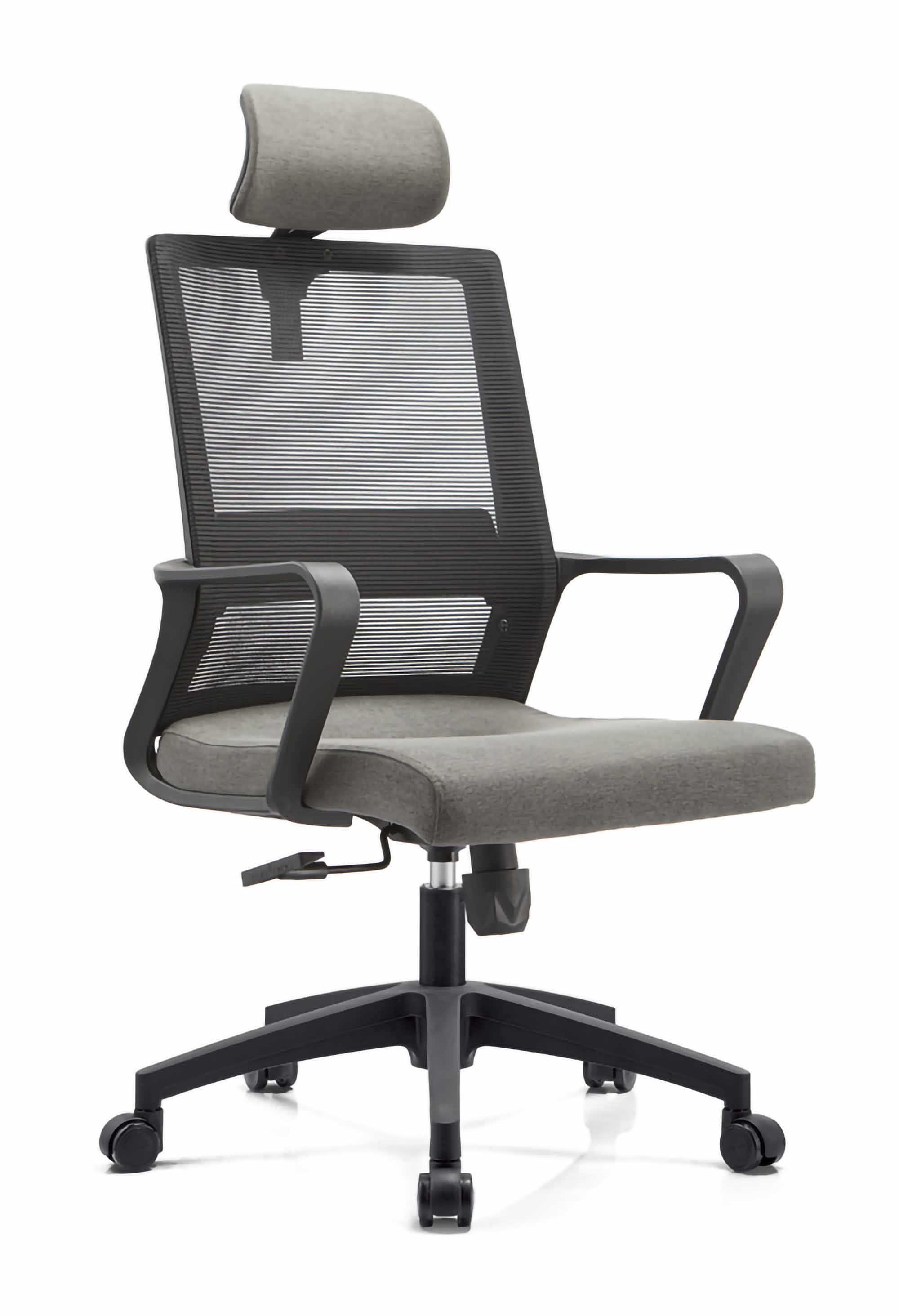 Task chair with grey mesh back and grey fabric seat+headrest