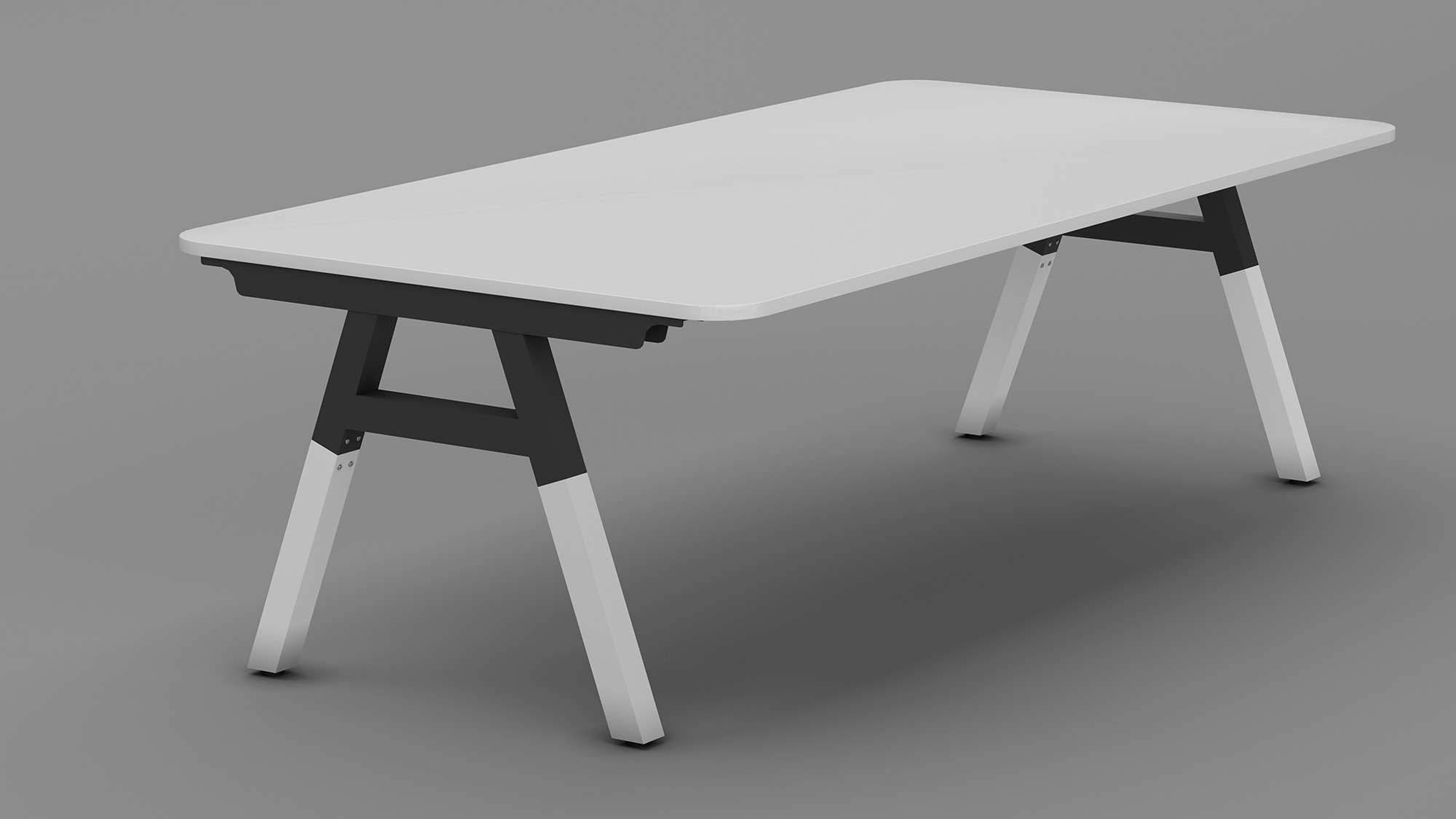 Boardroom table in white round corners top with black metal frame+white legs