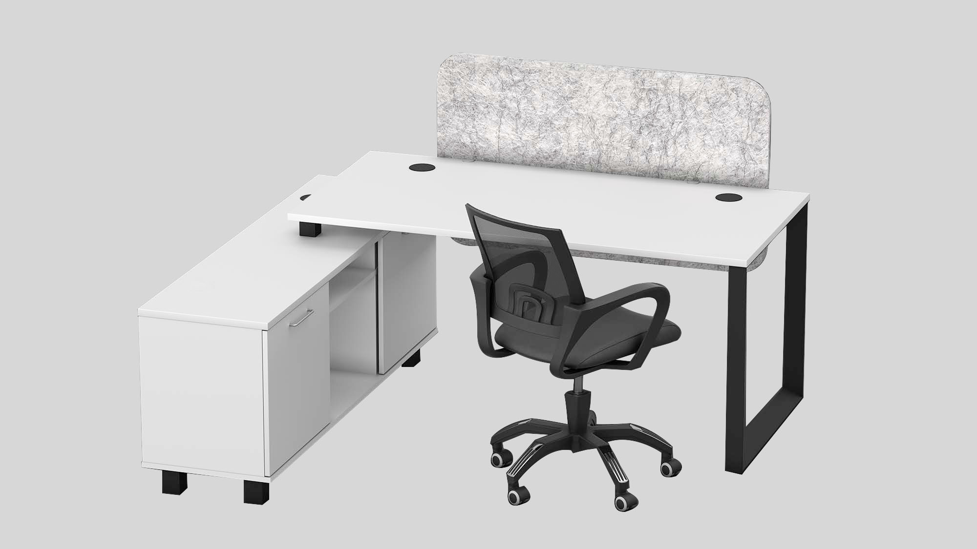 Workstation with left cabinet return in steel frame