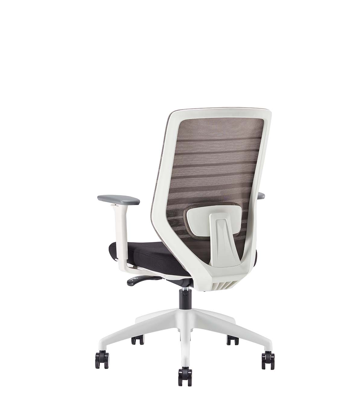 White frame task chair with mesh back and fabric seat