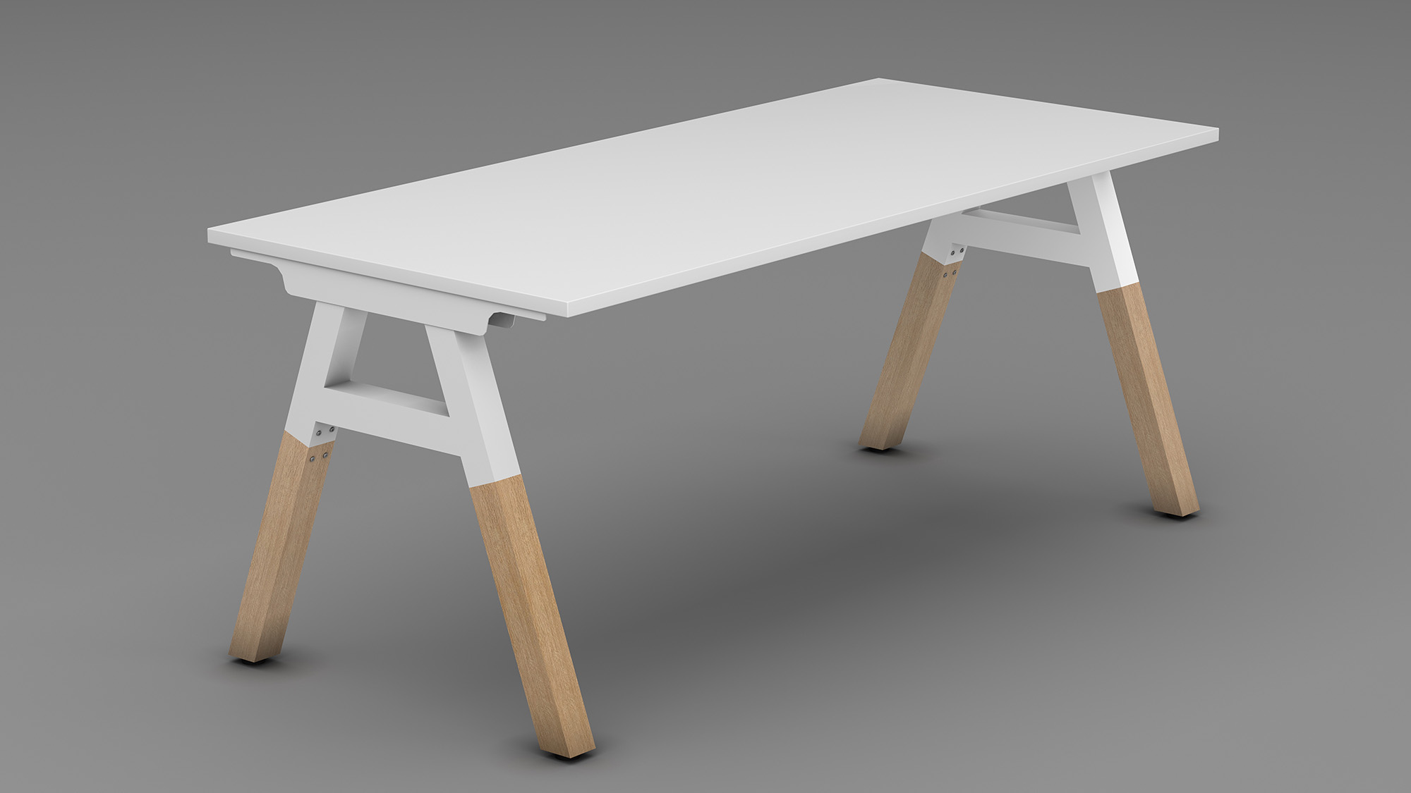 Office desk in white top with white metal frame+timber legs