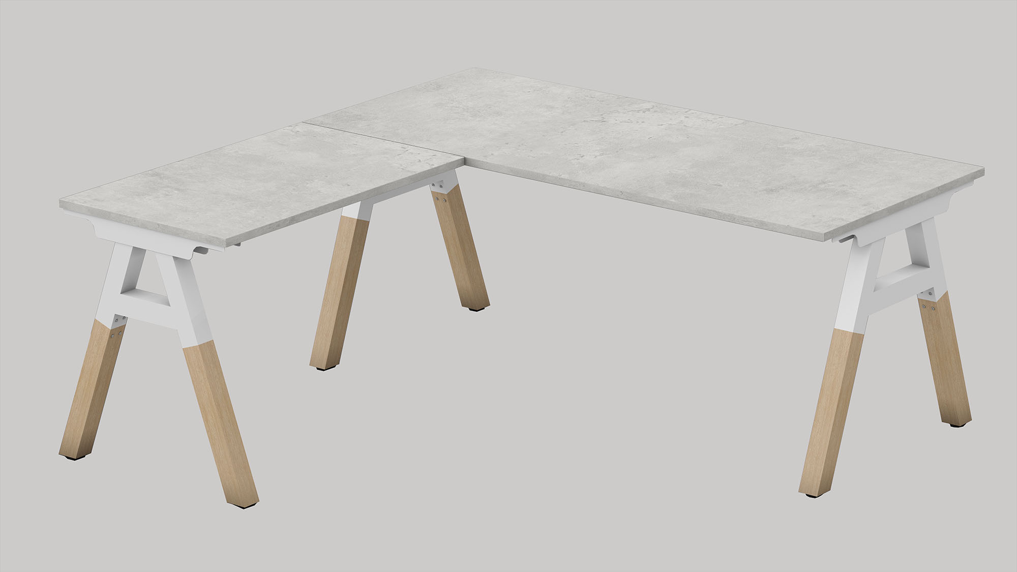 Desk with return in cement top with white frame+timber legs